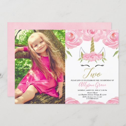 Unicorn 2nd birthday girl pink gold photo invitation