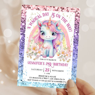 Unicorn 2nd Birthday Gold Glitter Floral Rainbow Invitation
