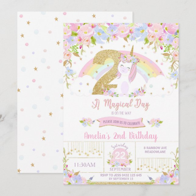 Unicorn 2nd Birthday Invitation Floral Rainbow (Front/Back)