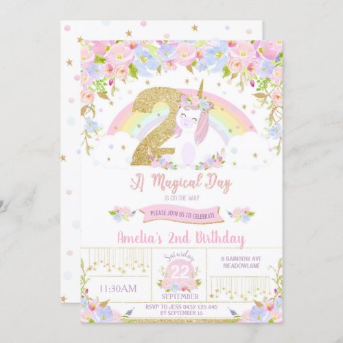 Unicorn 2nd Birthday Invitation Floral Rainbow