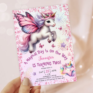 Unicorn 2nd Birthday Invitation Girl Pink Purple
