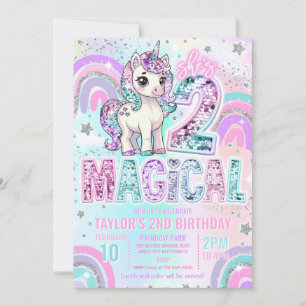 Unicorn 2nd Birthday Two Magical Rainbow Glitter Invitation