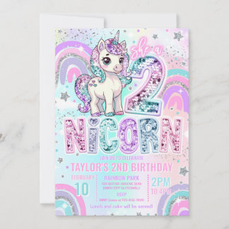 Unicorn 2nd Birthday Two-nicorn Rainbow Glitter Invitation