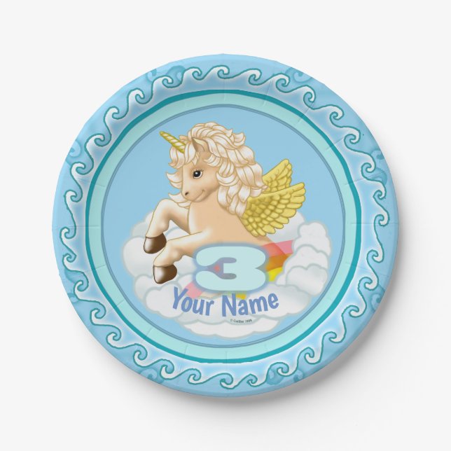 Unicorn  3 Year old Birthday paper plates (Front)