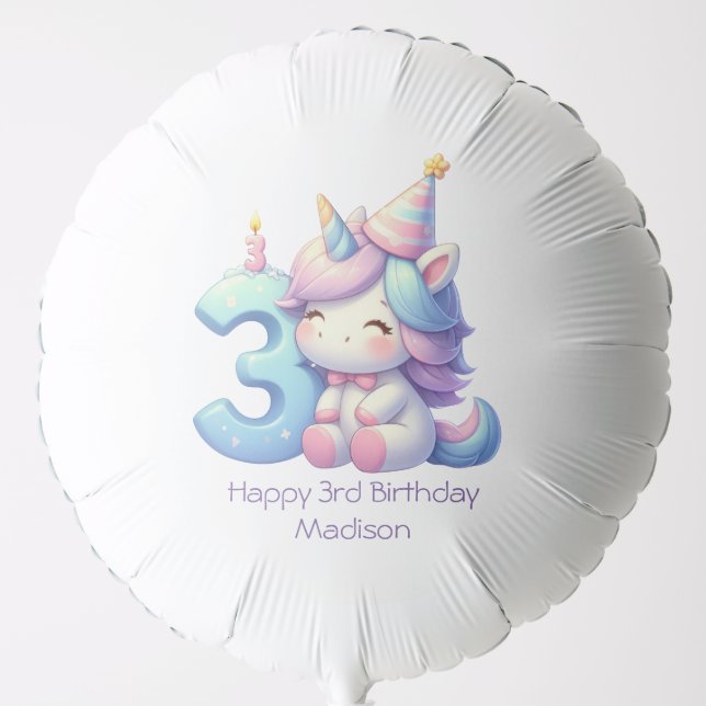 Unicorn 3rd Birthday Girl Pink Purple Blue Balloon (Front)