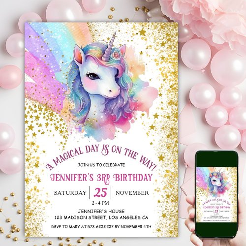 Unicorn 3rd Birthday  Gold Glitter Rainbow  Invitation