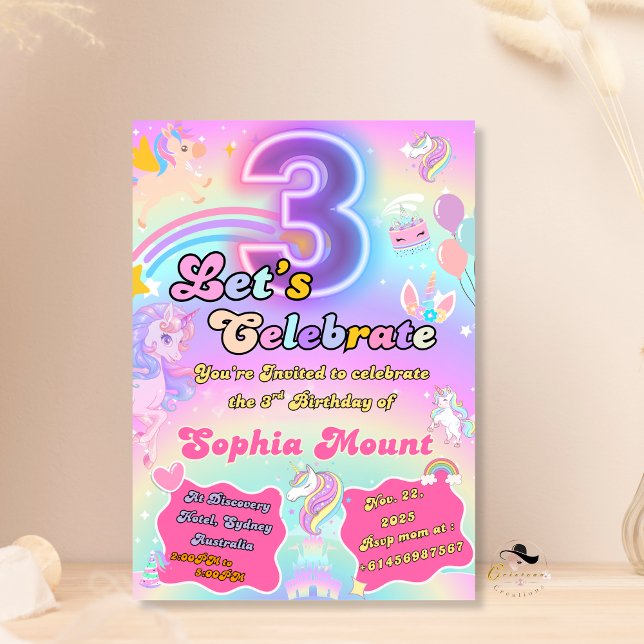 Unicorn 3rd Birthday kids Party Invitations pink (Creator Uploaded)