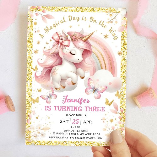 Unicorn 3rd Birthday Party Girl Blush Pink  Gold Invitation