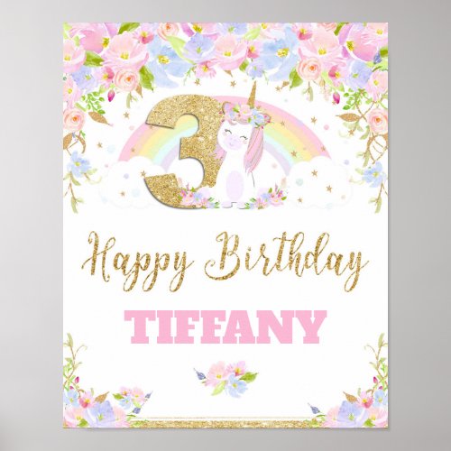 Unicorn 3rd Birthday Party Welcome Poster Sign