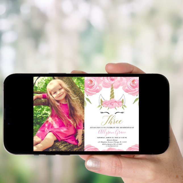 Unicorn 3rd birthday pink gold photo invitation (Front Digital)