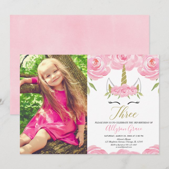 Unicorn 3rd birthday pink gold photo invitation (Front/Back)
