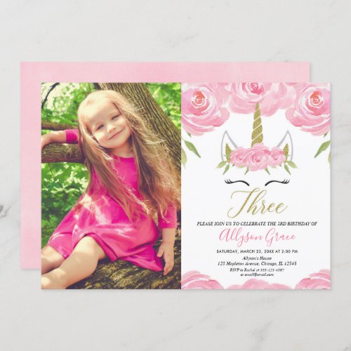 Unicorn 3rd birthday pink gold photo invitation