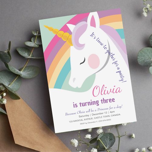 Unicorn 3rd Birthday Rainbow Party  Invitation