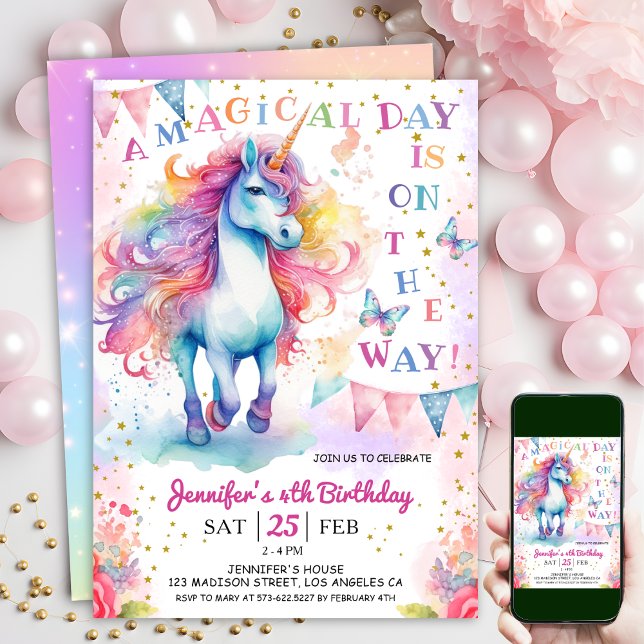 Unicorn 4th Birthday Fairy Floral Rainbow & Stars Invitation (#UnicornBirthdayInvitation #UnicornBirthdayInvitationTemplate #UnicornBirthdayInvitationEditable )