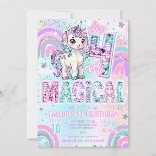 Unicorn 4th Birthday Four Ever Magical Rainbow  Invitation