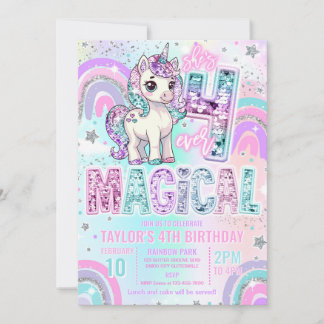 Unicorn 4th Birthday Four Ever Magical Rainbow  Invitation