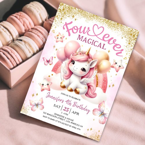 Unicorn 4th Birthday Girl Pink Gold Rainbow Invitation