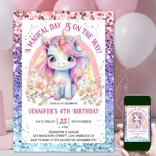 Unicorn 4th Birthday Gold Glitter Floral Rainbow  Invitation