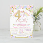 Unicorn 4th Birthday Invitation Floral Rainbow (Standing Front)