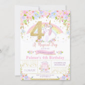 Unicorn 4th Birthday Invitation Floral Rainbow (Front)