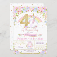 Unicorn 4th Birthday Invitation Floral Rainbow