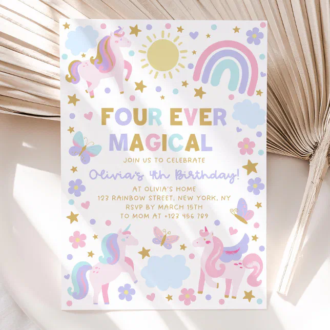 Unicorn 4th Birthday Invitation, Four Ever Magical Invitation | Zazzle