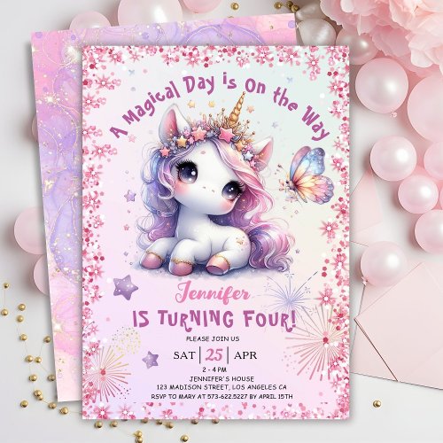 Unicorn 4th Birthday Party Girl Pink Purple  Invitation