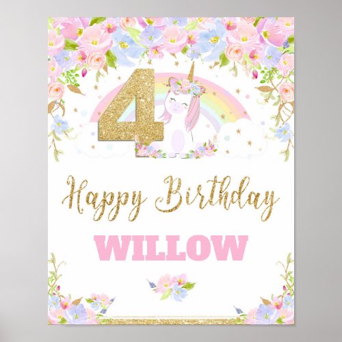 Unicorn 4TH Birthday Party Welcome Poster Sign