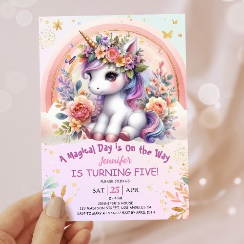 Unicorn 5th Birthday Girl Pink Floral Rainbow Invitation