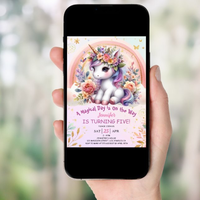 Unicorn 5th Birthday Girl Pink Floral Rainbow Invitation (Front Digital)