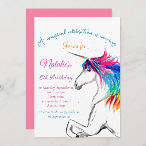 Unicorn 5th Birthday Girl Pink Magical Fifth Invitation