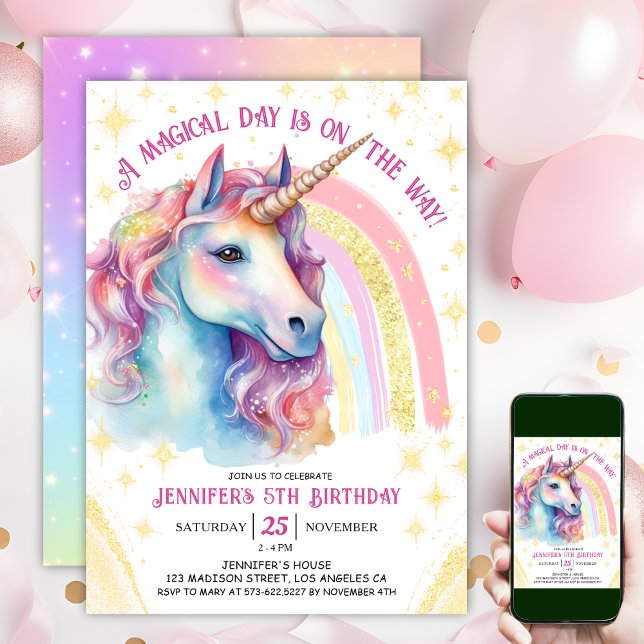 Unicorn 5th Birthday Gold Pink Magical Rainbow Invitation (#UnicornBirthdayInvitation #UnicornBirthdayInvitationTemplate #UnicornBirthdayInvitationEditable)