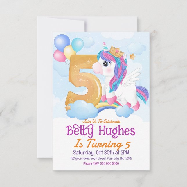 Unicorn 5th Birthday Invitation (Front)