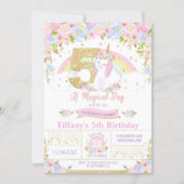 Unicorn 5th Birthday Invitation Floral Rainbow (Front)