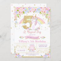 Unicorn 5th Birthday Invitation Floral Rainbow