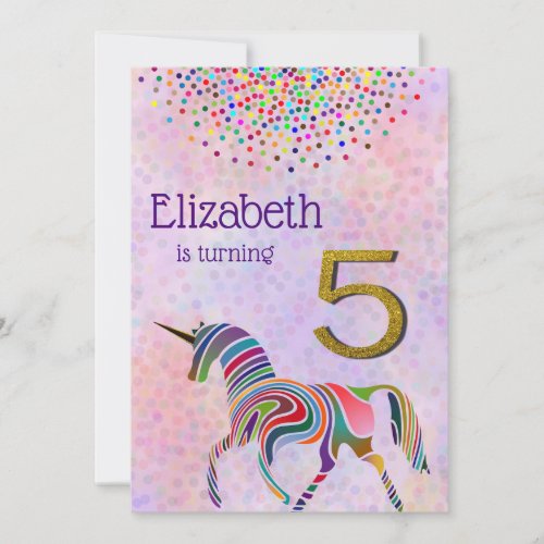 Unicorn 5th birthday invitation glitter confetti