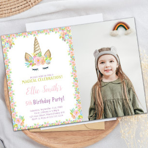 Unicorn 5th Birthday Invitation with Photo