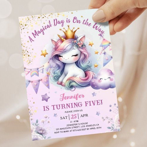 Unicorn 5th Birthday Invite Girl Pink  Gold