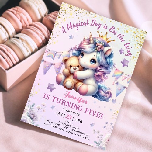 Unicorn 5th Birthday Invite Girl Pink Gold Cute
