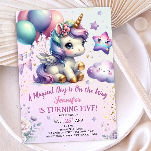 Unicorn 5th Birthday Invite Girl Purple  Gold