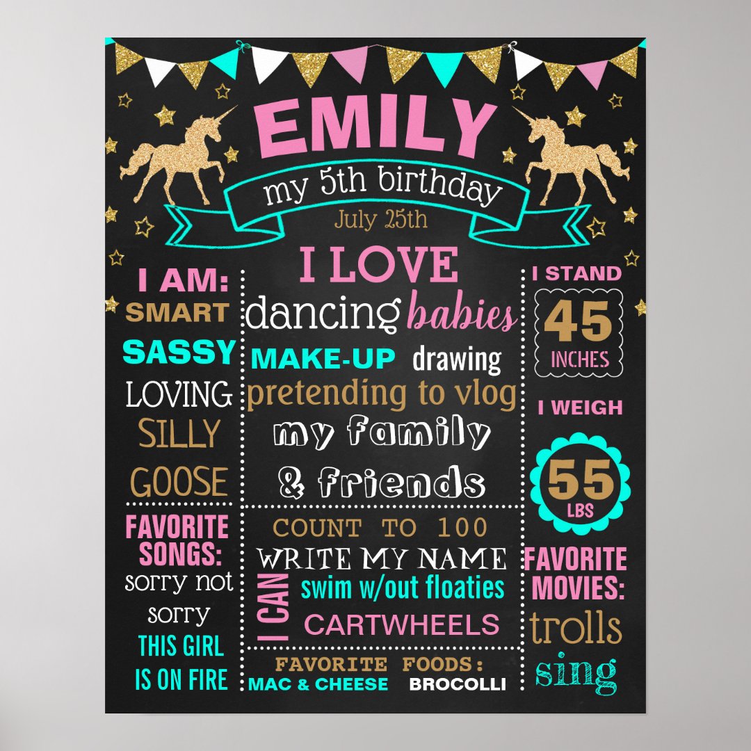 Unicorn 5th Birthday Party chalkboard sign | Zazzle