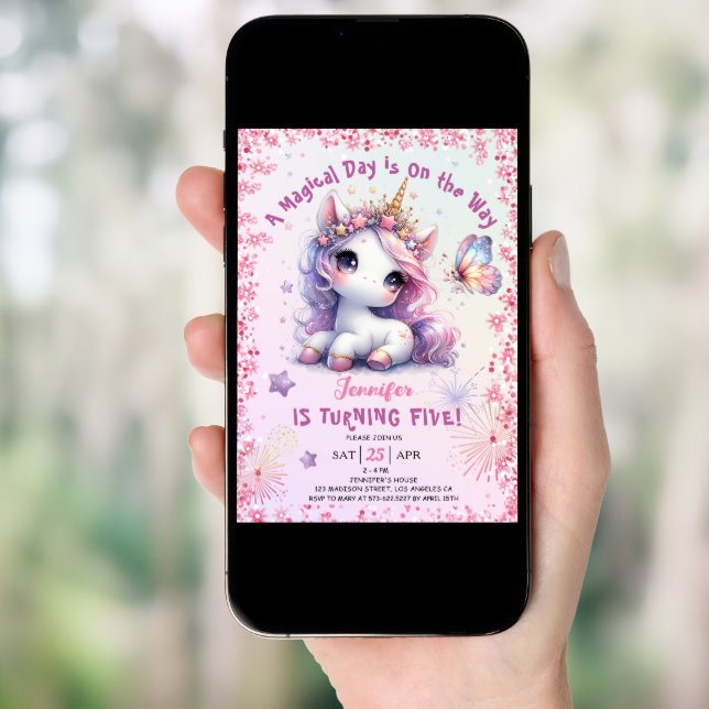 Unicorn 5th Birthday Party Girl Pink Purple  Invitation (Front Digital)