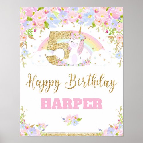 Unicorn 5TH Birthday Party Welcome Poster Sign