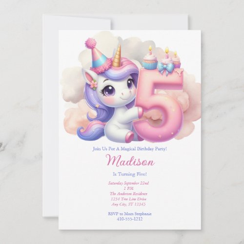Unicorn 5th Fifth Pink Blue Purple Girl Birthday  Invitation