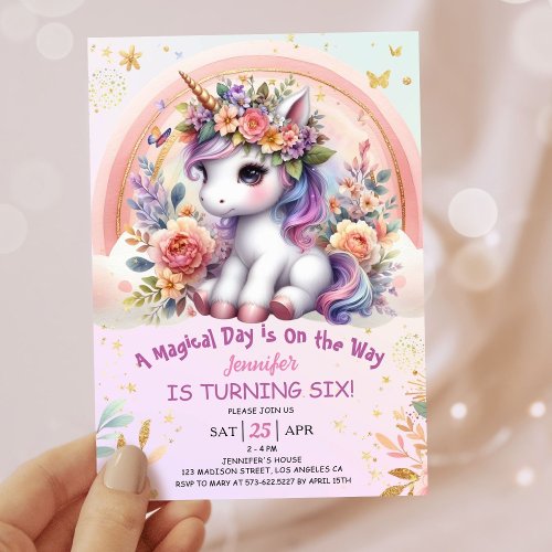 Unicorn 6th Birthday Girl Pink Floral Rainbow Invitation