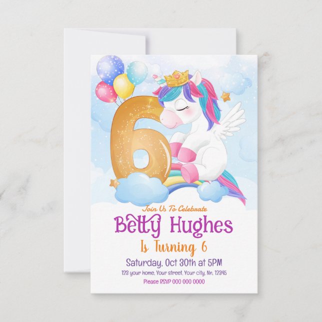 Unicorn 6th Birthday Invitation (Front)
