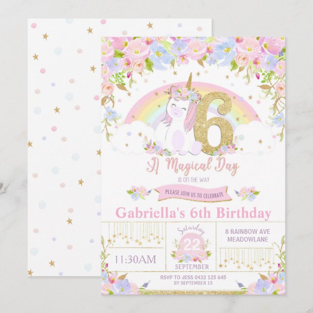 Unicorn 6th Birthday Invitation Floral Rainbow (Front/Back)