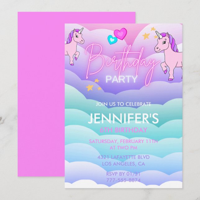 Unicorn 6th birthday invitations Purple Pink (Front/Back)