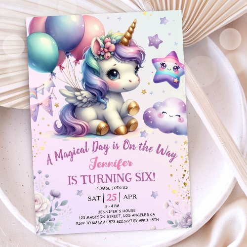 Unicorn 6th Birthday Invite Girl Purple  Gold