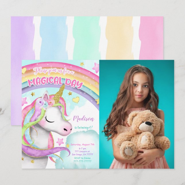 Unicorn 6th Birthday Photo Invitation (Front/Back)